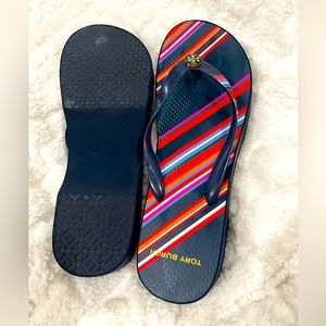 Tory Burch wedge striped sandals with a glossy strap